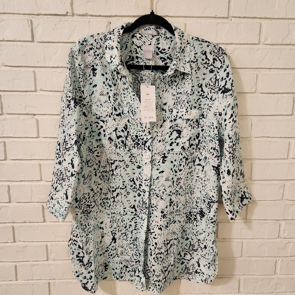 Chicos Linen Patterned Button-Up Blouse Size 2 NWT - image 1